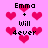 Pixelated pink background with red hearts and text reading "Emma + will 4ever" in black block letters.