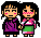 Pixel art of two anime-style characters holding hands, one in purple robe with closed eyes and pink cheeks, the other in pink top green skirt with open mouth and checkered blush.