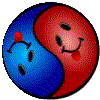 A circular icon with red and blue yin-yang halves, each containing a smiling face with black eyes and mouth; the right side's tongue is visible in some frames.