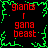 A static digital image with red text and green pixelated borders on a black background.