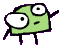 Green cartoon character with large white eyes and purple outline in various poses on gray background.