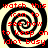 A static image with four identical spiral patterns in black and white, overlaid with red text reading "watch this icon to see how to keep an idiot busy." The background is solid black.
