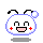 Pixel art character with white rounded head, blue outline, black antennae, red cheeks, and pink mouth in four variations showing different eye shapes and bubble positions.