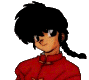 Pixel art character with black or red hair in a single braid, wearing red or brown collared shirts, shown in multiple facial expressions and clothing variations.