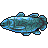 Pixel art of a fish with blue and teal scales, black outlines, and light reflections on its body against a gray background.