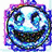 A pixelated blue and white circular icon with a wide, toothy grin appears in four arranged as a