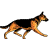 Animated contact sheet of a German Shepherd dog walking in five sequential frames with pixelated rendering and visible transparency background.