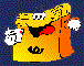 Yellow cartoon character with orange cape and black 'W' logo on chest, holding white object in left hand against dark blue background.
