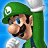 Pixelated Luigi character from Super Mario Bros. in four views with blue background and game title text.