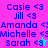 four displays names with heart symbols; the bottom-right shows a pink star replacing the heart next to 'Sarah' in one frame