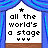 A 4-frame contact sheet of a pixel art animation showing four identical stage-themed icons with blue curtains, white text reading "all the world's a stage", and small yellow symbols at the bottom.