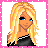 Pixelated image of a blonde woman with blue eyes and black eyeliner, wearing a black top with white stripes, next to a cyan background with purple text reading "Be my Baby".