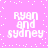 Pixelated text 'ryan and sydney' in white on pink background with scattered white dots, four identical instances arranged in a