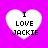 Four white heart-shaped icons with black text "I LOVE JACKIE" on a bright pink background, arranged in a