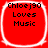 Four identical red square icons with rounded corners, each displaying black text 'chloej90 Loves Music' in a pixelated font, arranged in a on a red background