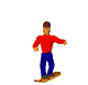 A pixelated character in red shirt and blue pants performs snowboarding actions on a gray background, including standing, turning, jumping, and flipping.