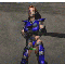 Animated sequence of a female character in blue armor holding a rifle, cycling through weapon and pose variations against a gray background.