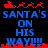Pixelated Santa's sleigh with reindeer above and below blue text reading 'SANTA'S ON HIS WAY!!!' on black background.