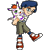 Pixelated character with blue hair and green eyes holds a white star-shaped object with purple and green accents, wearing olive shorts and red-white striped socks.