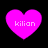 Four identical pink heart-shaped icons with white text "kilian" on a black background, arranged in a