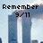 Pixelated image of twin towers with smoke, text reading "Remember 9/11 and all the people who died to save the others" in black block letters.