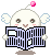 Pixelated character with white wings and pink cheeks holds a striped book, displaying four distinct facial expressions