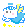 Pixelated angel icon with blue wings, yellow halo, and pink cheeks in two poses against gray background.