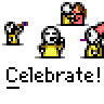 Animated pixel art contact sheet showing a celebratory scene with stick figures, party hats, and musical instruments across multiple frames.