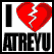 A split red heart icon with "I ATREYU" text on a white background, paired with a pixelated grayscale image of a person in front of a textured backdrop with "ATREYU" text above.