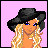 Pixel art of a blonde woman with blue eyes wearing a black hat and long earrings, holding a gray bag labeled 'FJ' against pink backgrounds.