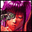 A pixelated anime-style character with purple hair and a mechanical eye patch on the left, next to stylized text reading "Anime IM" and "com" on a black background.
