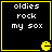 Four identical black square with yellow borders display white pixelated text reading "oldies rock my sox" and a small yellow Pac-Man icon in the bottom-right corner of each