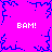 Pixelated icon with bright pink background and blue crack-like patterns radiating from center, four instances of 'BAM!' text in white pixel font.