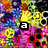 Pixelated animation of text variations over a colorful floral background with repeating circular patterns.