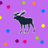 Pixelated dark animal figure with light eyes stands on purple background amid scattered colored squares.