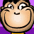 Pixelated cartoon face with exaggerated smile, wide eyes, and black hair against purple background.