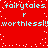 Red background with light blue pixelated text repeating 'fairytales' and 'worthless!!!' in two , surrounded by scattered white dots
