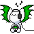 Pixel art contact sheet showing two frames of an animated character with green hair, headphones, and musical notes above its head against a gray background.