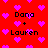 Red background with pink pixelated hearts and repeated text 'Dana + Lauren' in black pixelated font.