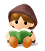 Pixel art cartoon character in two animation frames showing eye closure change, seated with green book on lap against gray background.
