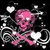Pink skull with crossed bones surrounded by white hearts and swirling lines on black background.