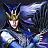 Pixelated static image of a figure with light skin and dark hair wearing a golden crown, set against a blue-toned background with abstract shapes.