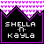 Pixelated icon with black background, purple border, and white text reading SHELLA n KAYLA over a patterned pink-and-white backdrop.