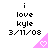 Pixelated text reads 'i love kyle 3/11/08' above a pink triangular shape with a white heart, repeated across three