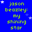 Blue background with yellow text reading 'jason beazley: my shining star' repeated in a , white stars scattered across the background