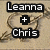 Pixelated text displays 'Leanna + Chris' on left, '2/12/08' and 'ilove you' on right over a beige background with faint circular patterns.