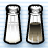 Two pixelated salt and pepper shakers side-by-side on a light blue striped background, with the left shaker full of white contents and the right partially filled with brownish-gray contents.