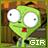 Green cartoon character with large white eyes and red mouth, pixelated background, text 'GIR' at bottom right.