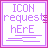Four square with purple text on white backgrounds, each containing distinct pixelated phrases about icon requests and screen names