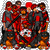 Pixelated static image of multiple figures in red and dark clothing with orange accents on a gray background.